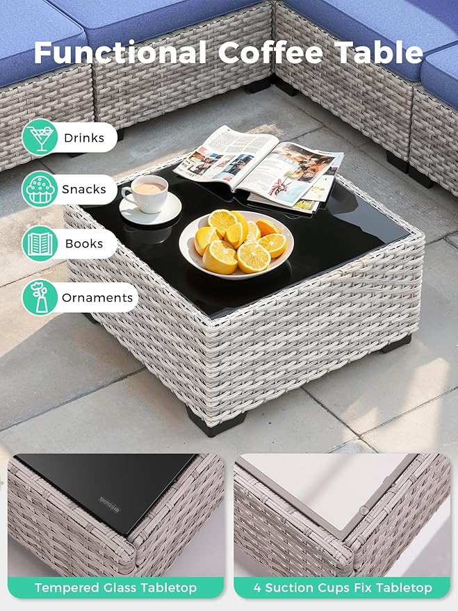 6 Piece Outdoor Sectional Sofa Set, 5-Seats Patio Wicker Conversation Set with 4" Thickened Cushions & Coffee Table, All-Weather PE Rattan for Garden, Backyard, Porch, Blue