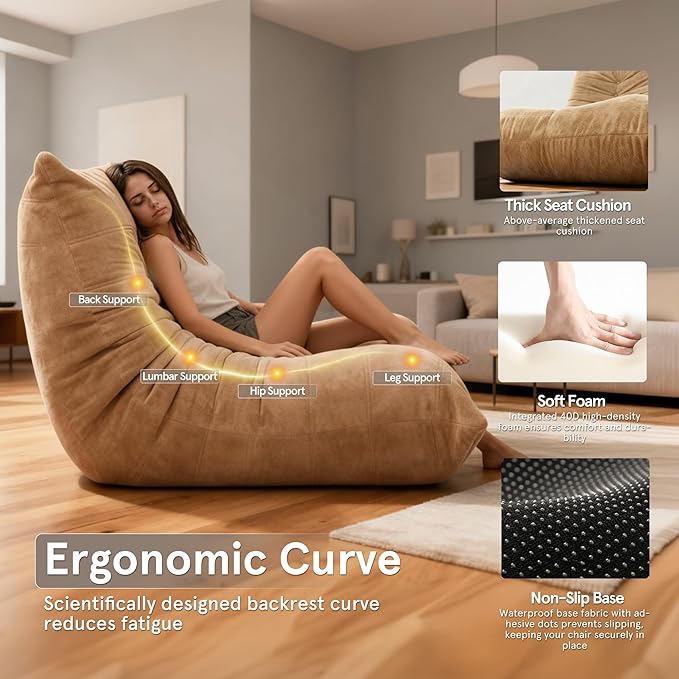 Sytopia Bean Bag Chair, Large Reading Chair for Adults Ultra-Comfy, Corner Floor Sofa 40D Foam, Togo Sofa Furniture for Living Room Bedroom Gaming, Cashmere Beige