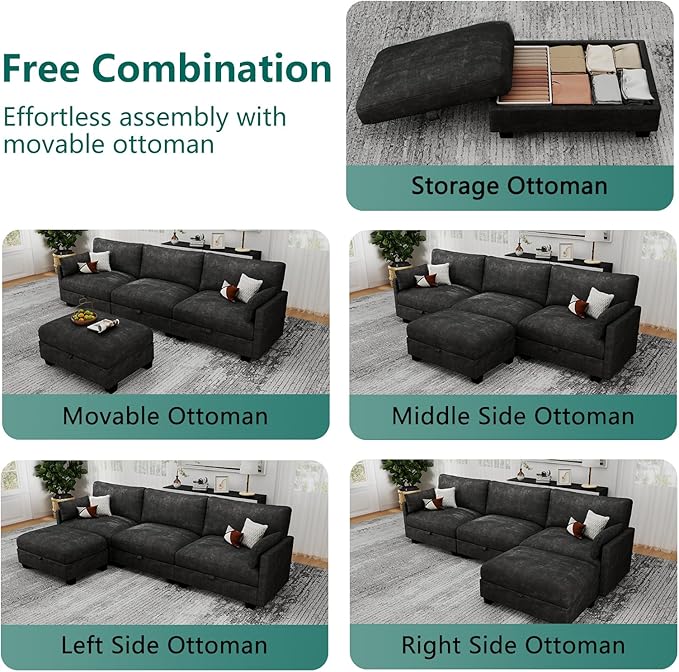 Modular Sectional L Shaped Sofa Couches for Living Room, Cloud Couch with Storage Ottoman, Comfy Chenille Sofa with Pillow, Black