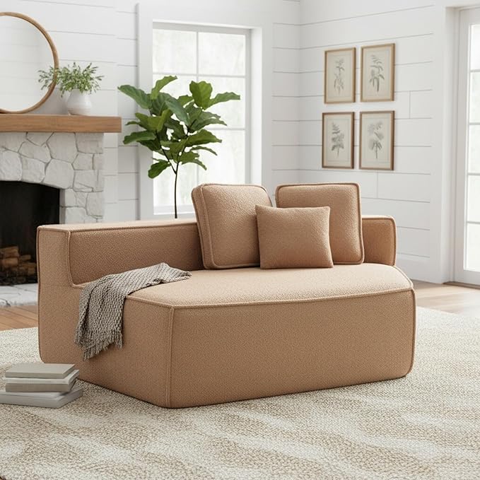 EPOFIT 1-Seater Teddy Fleece Modular Sofa Chair, Low-Profile Floor Seat with Wide Cushion and All-Foam Support, Right-Facing Design, Compressed Packaging – Brown