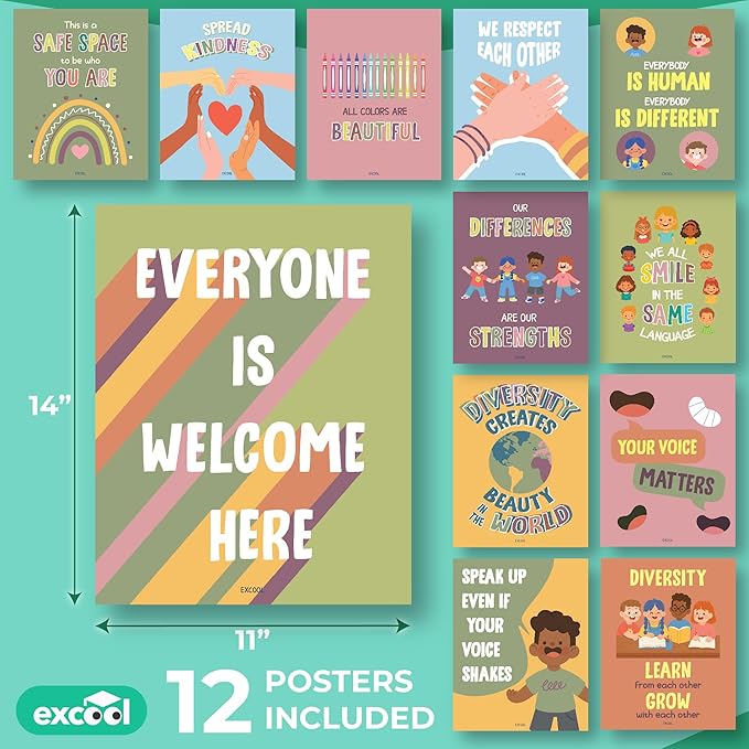 EXCOOL CLUB Diversity Posters For Classroom - Everyone Is Welcome Here Multicultural Decorations, Kindness Quotes Motivational Poster For Elementary Middle School, Inclusion Teacher Must Haves