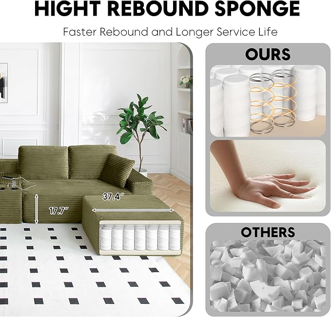 125” Oversized Modular Sectional Sofa, Deep Seat Corduroy Cloud Couch with Cup Holders, USB Ports & Storage Box, Sleeper Sofa Couch Boneless Couches for Living Room, No Assembly Required (Green)