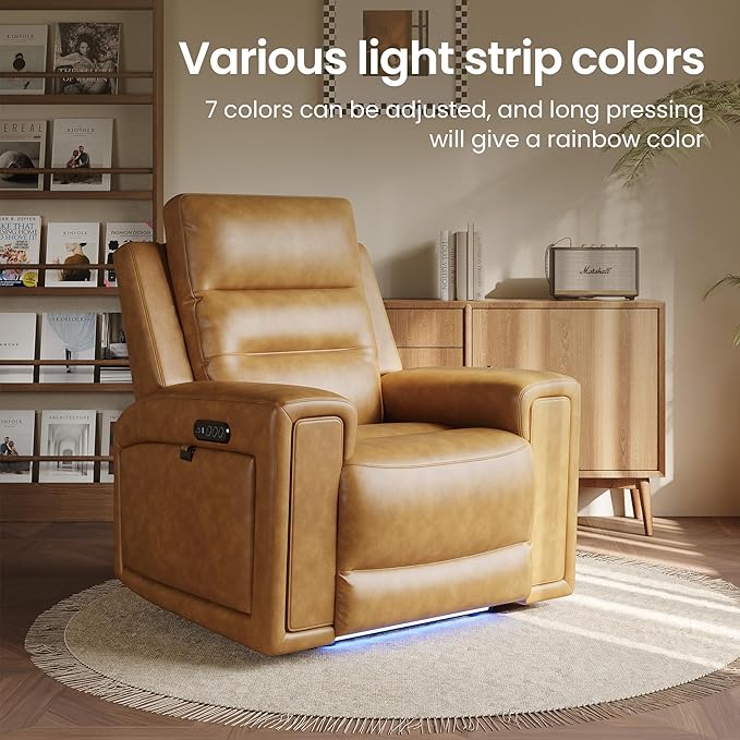 COLAMY Aura Triple Motors Power Recliner Chairs with USB and Type C Port, Home Theater Chair with LED Lights, Electric Wall Hugger Recliner for Living Room, Light Brown