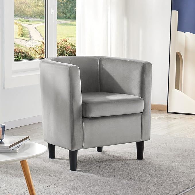 Yaheetech Accent Chair, Modern Velvet Armchairs with Big Ample Seat, Half Rounded Back, Cozy Upholstered Barrel Sofa Chair for Living Room Bedroom Waiting Room, Gray