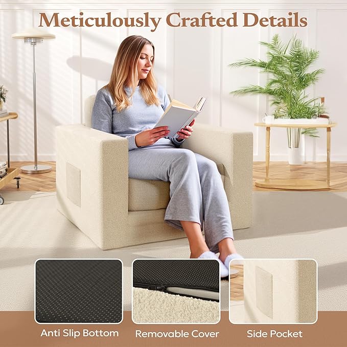 Bean Bag Chair, Large Beanbag Chair for Adults, Comfy Foam Floor Sofa with Pillows and Armrests, Plush Chair Bean Bag Couch for Bedroom Living Room, (Teddy Boucle Fabric, Beige)
