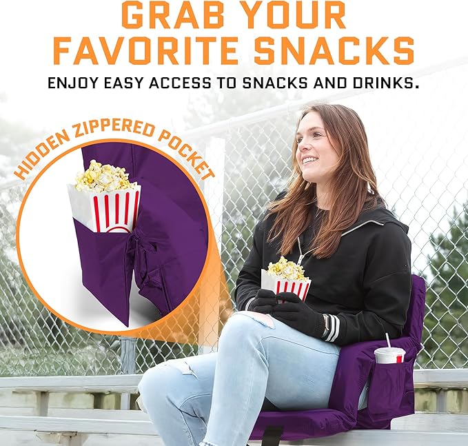Heated Stadium Seats for Bleachers with Back Support – USB Battery Included - Upgraded 3 Levels of Heat - Foldable Chair - 4 Pockets for Snacks, Cup Holder - for Camping, Games & Sports (Purple)