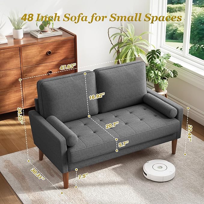 Loveseat Sofa with Solid Wood Legs, 48" Small Couches for Small Spaces, Love Seat for Living Room, Bedroom, Easy Assembly Mid Century Modern Couch with Throw Pillow for Apartment, Grey