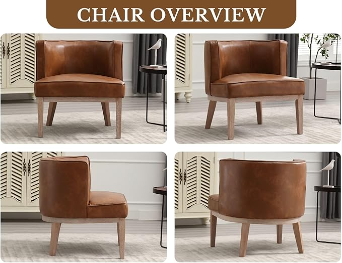 Comfy Barrel Chair Mid-Century Modern Accent Chair with Solid Wood Leg Upholstered Reading Arm Chair Faux Leather Waiting Room Round Side Chairs for Small Spaces Living Room Bedroom Office, Brown