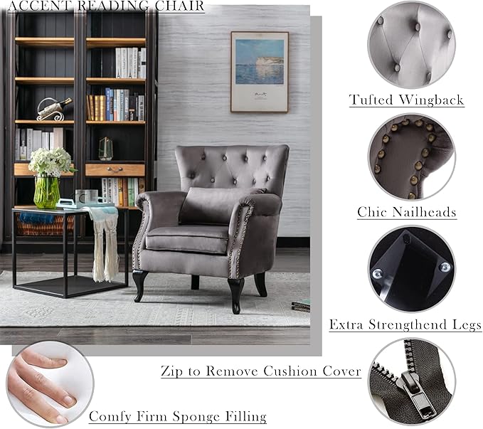 Janoray Mid Century Modern Accent Chair Upholstered Armchair Comfy Velvet Fabric Single Sofa with Tufted Wingback for Small Spaces Bedroom Living Room, Grey