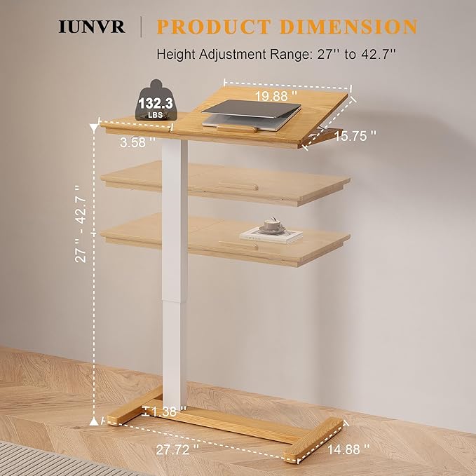 Solid Wood Overbed Bedside Table with Hidden Casters, Adjustable Hospital Bed Table Rolling Laptop Desk with Split Dual Desktop & Pneumatic Gas Spring Lift for Hospital, Home Use (Natural)