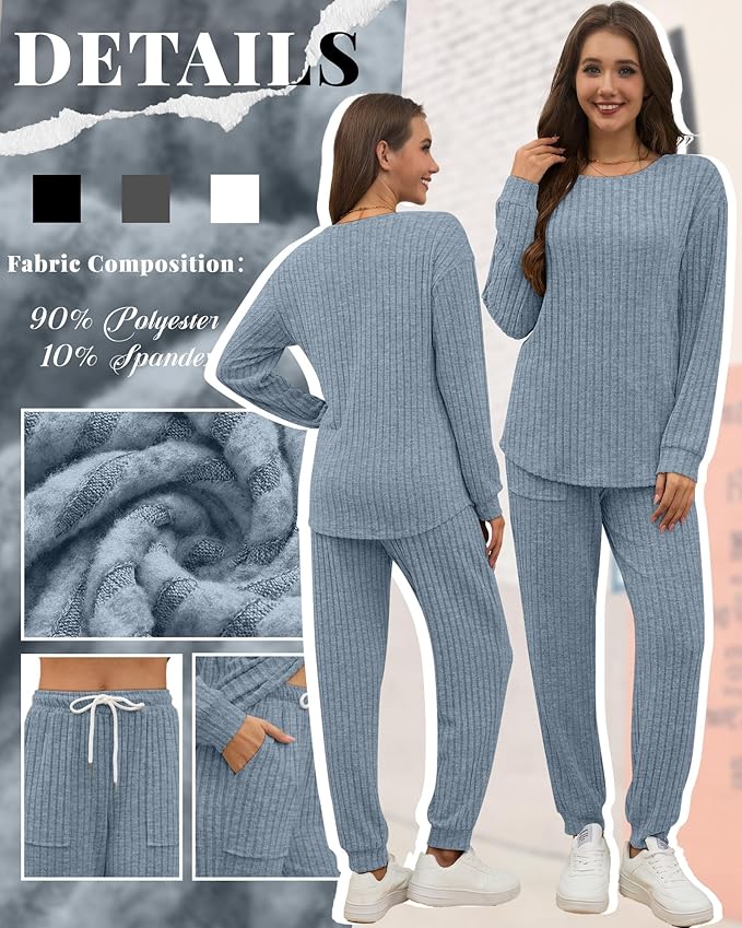 Sweetyweee Women's Ribbed Knit Lounge Sets 2 Piece Outfits Long Sleeve Pajamas Set Loungewear Sweatsuits Fall Pjs with Pocket