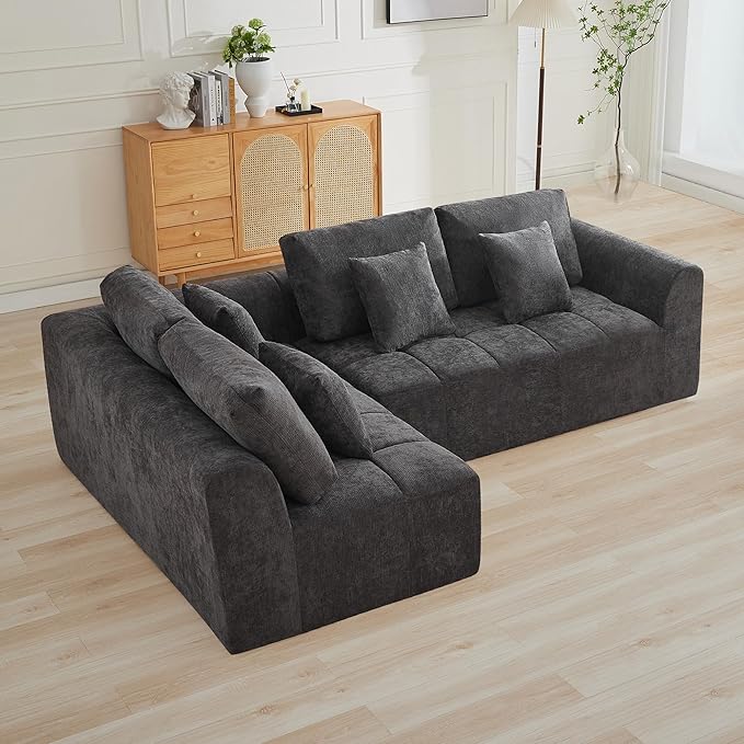 110''Modular Sectional Couches for Living Room, Cloud Boneless Compressed Sofa Left Facing Chaise, Oversized L Shaped 4 Seater Memory Foam Sofa, No Assembly, Chenille Grey
