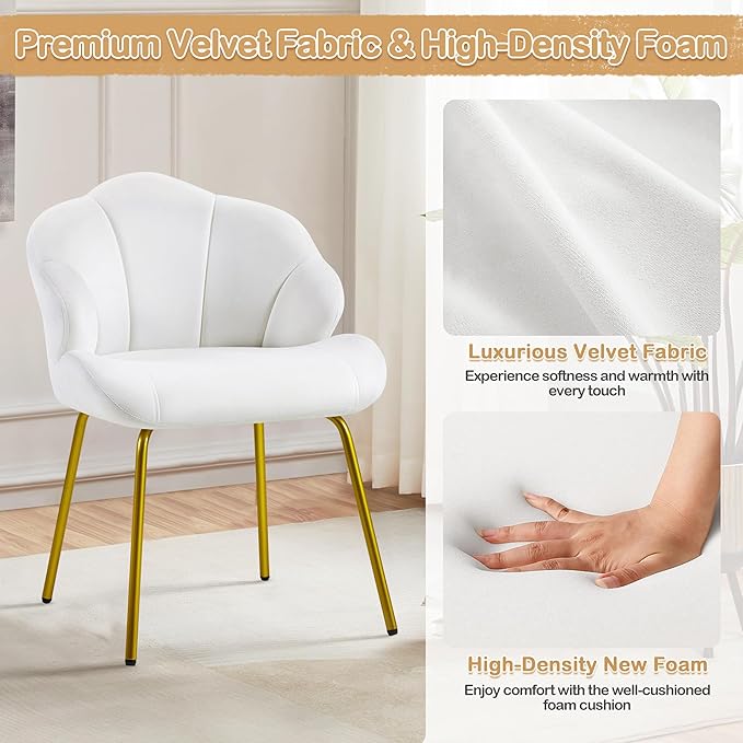 Yaheetech Vanity Chair, Velvet Accent Chair with Shell-Shaped Backrest, Modern Armchair with Gold Metal Legs for Dressing Room/Bedroom/Living Room, White