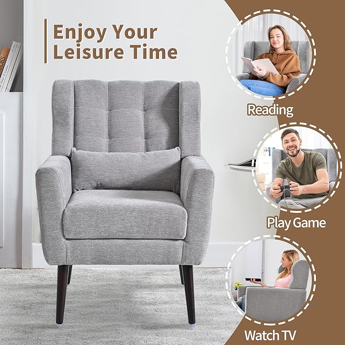 CHSICFOR Modern Accent Chair, Upholstered Arm Chair with Waist Pillow, Single Sofa Chair for Living Room Bedroom Small Spaces (Light Gray)