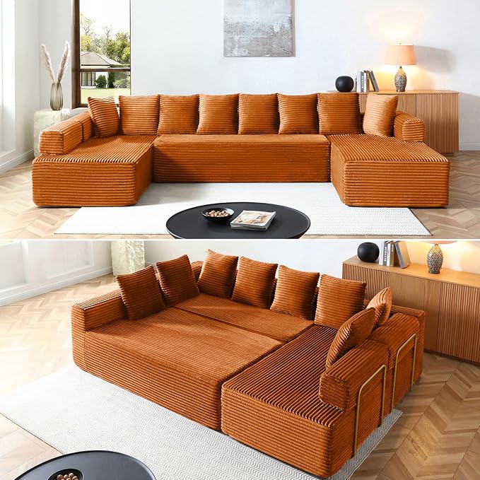 145" Oversized Cloud Boneless Sectional Sofa with Chaise, Corduroy U Shaped Modular Couch with Deep Seat, Fixed Frame Comfy Corner Sofa, No Assembly Required (Orange)