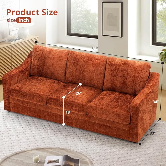ACMEASE 83 Inches Chenille 3-Seat Sofa w/Comfortable Back Cushions, Modern Sofa w/Deep Seat Space, Upholstered 3 Seater Couch w/High Resiliency Foam for Living Room, Orange