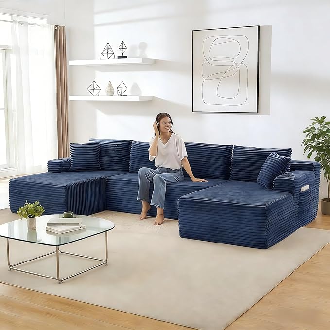 134" Modular Cloud Sectional Sleeper Sofa Couch for Living Room, U Shaped 6 Seat Sofa with 2 Storage Pockets, 2 Pillows & 2 Cup Holders, No Assembly Required (Blue)
