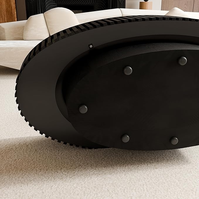 Oval Coffee Table for Living Room Modern Wood Center Tables with Storage Drum Tea Cocktail Fluted Mid Century Apartment Easy Assemble, Black 31.5" D x 47.2" W x14.2 H