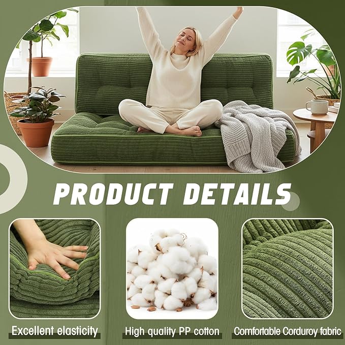 Vercraft 63 Inch Folding Bench Cushion, 4 Inch Thick 2-in-1 Convertible Long Floor Lounger Boneless Cushions Couch Mattress Upholstered for Yoga, Reading, Sleeping, Meditation Living Room(Dark Green)