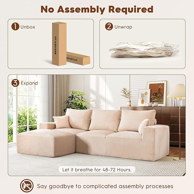 WESTSETLUX 108” Cloud Sectional Sofa Couch with High-Seat, Corduroy Modular Sofa with Oversized Chaise, High-Back Modern L-Shaped Couches for Living Room, No Assembly Required (Oatmeal)