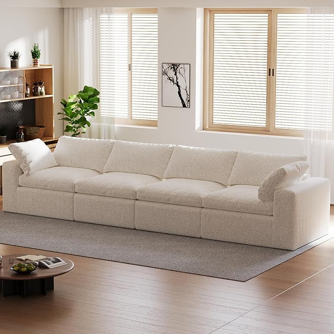 140’’ Oversized Boneless Couch for Living Room, Cloud Couch Modular Sectional Free Combination with Washable Cushion Cover, No Assembly Required, White (4-Seat)