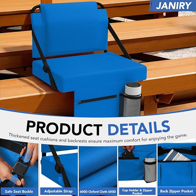 Stadium Seat 2 Pack for Bleachers with Back Support,Portable Bleacher Chairs with Back and Cushion，Blue