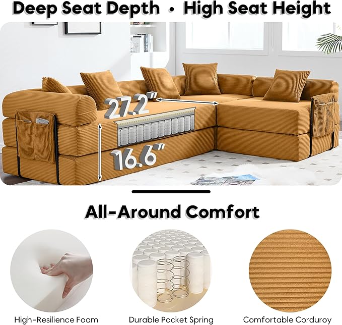 L Shape Convertible Sofa Bed with Cylindrical Pillow and Storage Pocket, Convertible Sofa Couch Bed with Support Frame for Living Room Bedroom Children Room-Yellow