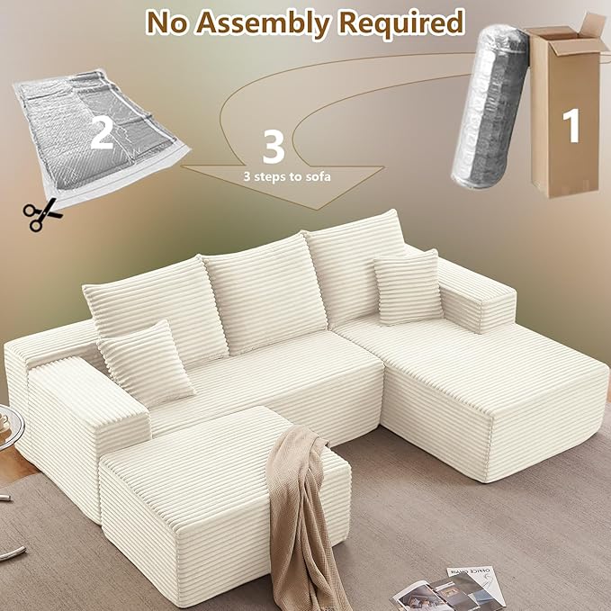 Lakifun 107" U-Shape Cloud Couch, Modern Modular Sectional Comfy L-Shape Sofa with Ottoman, Deep Seat, Upholstered Corduroy Sleeper Chaise Longue for Living Room Bedroom, No Assembly Required, White
