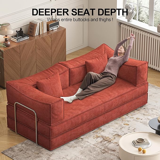 Carzzi-Life 79" Convertible Sofa Bed with Pillows, Corduroy Folding Sleeper Sofa with Fixed-Shape Frame, Boneless Couch for Living Room Bedroom, Floor Sofa Lounge No Assembly Required
