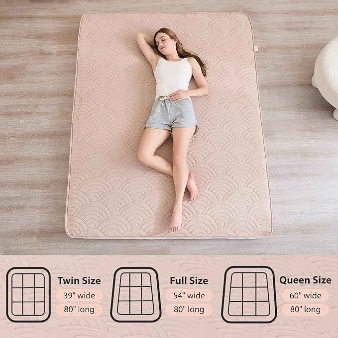 Zelladorra Japanese Floor Mattress, Quilted Futon Mattress with Anti-Slip Bottom, Foldable Floor Bed with Storage Bag and Straps, (Beige, Twin)