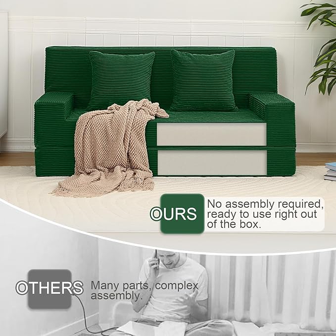 MeMoreCool Boneless Folding Sofa Bed, Corduroy Convertible Sleeper Chair, Foldable Foam Mattress Chair, Comfy Fold‑Out Futon Couch Bed, Large Floor Sofa Couch for Living‑Room Guest