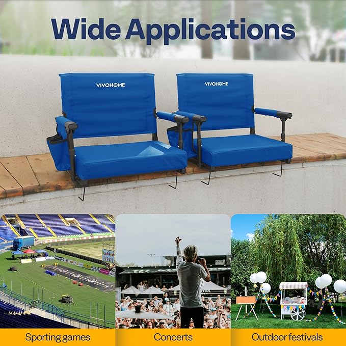 VIVOHOME Stadium Seats with Back Support and Cushion, 2 Pack Portable Bleacher Chairs with Cup Holder and Shoulder Strap