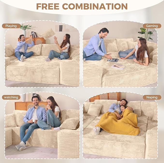 136'' Large Sectional Cloud Couches with Chaise, U Shaped Boneless Loveseat Sofa, No Assembly Required Deep Seat Modular Lounge for Living Room 3PCS Set, Bedroom(Khaki)