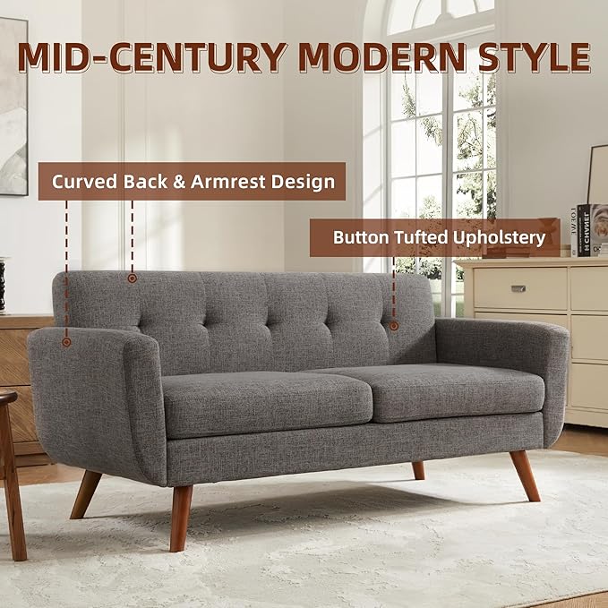Tbfit 65" W Loveseat Sofa, Mid Century Modern Love Seat Couches for Living Room, Button Tufted Upholstered Small Couch for Bedroom, Solid and Easy to Install Love Seats Furniture, Grey | linen fabric, button tufted, solid wood foot, pocket spring, wood...