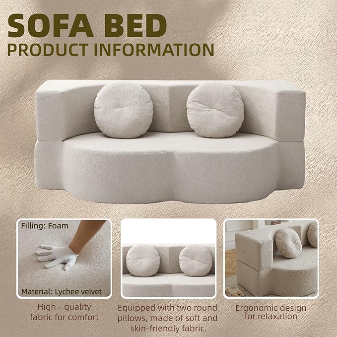 76" Convertible Folding Sofa Bed, 2-in-1 Twin Size Loveseat Sleeper Couch Bed with Two Pillows, Foldable Space-Saving | Design for Dorms Apartments Bedroom& Living Room,No Assemble(Khaki)