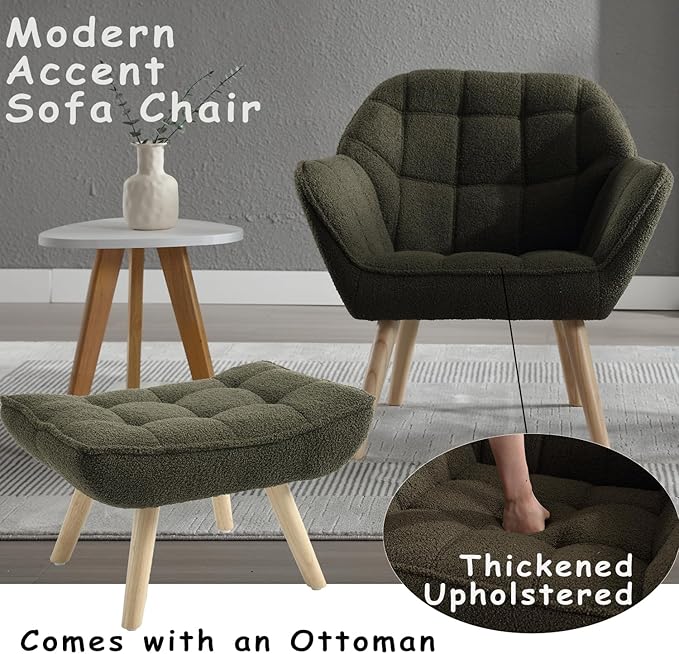 ZH4YOU Sherpa Accent Chair with Ottoman, Modern Fuzzy Reading Chair with Ottoman Upholstered Armchair with Wood Legs Comfy Lounge Chair for Small Spaces Living Room Bedroom Book Nook, Green