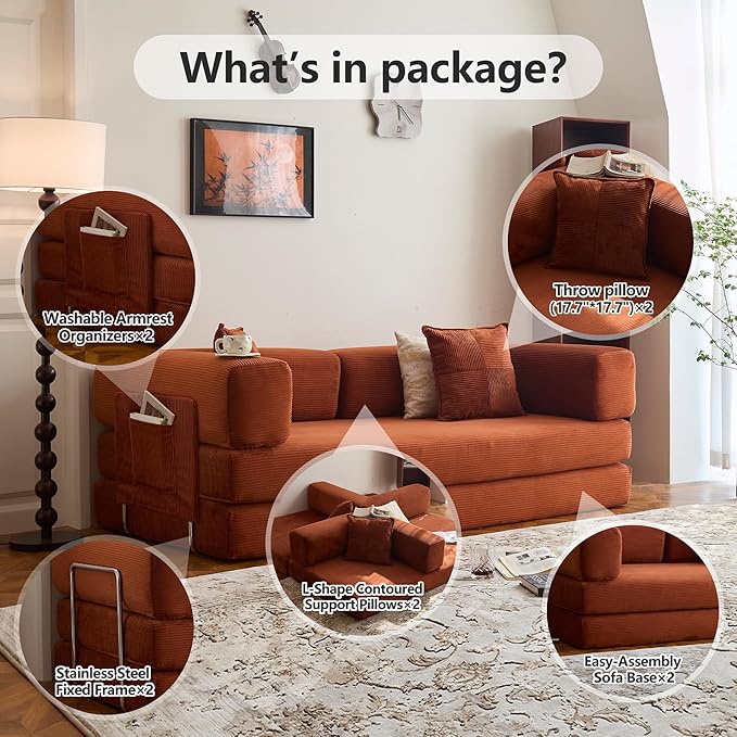 LIAROO 98.4" Convertible Sofa Bed - Compression Sofa with Corduroy Fabric - with Armrests and Backrest - Modular Sectional for Living Room, Bedroom, Studio - Compression Sofa in Box (Orange)