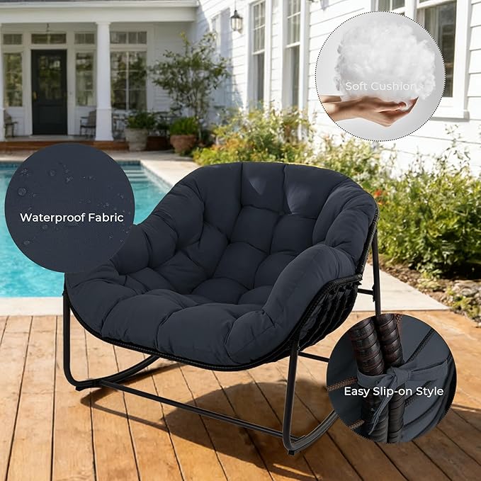 Sgentle Papasan Rocking Chair Outdoor, Oversized Patio Rocking Chair with Cushions & Steel Frame, Wicker Egg Lounge Chair Indoor, Comfy Reading Chair for Patio, Deck, Porch (Blue, Style 1)