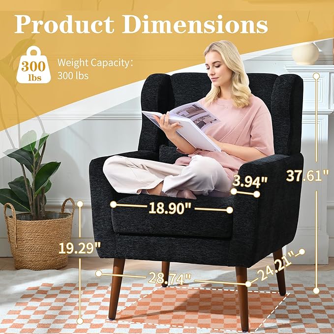 QKFF Modern Accent Chair, Upholstered Armchair with Pillow, Fabric Single Sofa Chair with Lounge Seat Solid Wood Legs Accent Chair for Living Room Bedroom Small Spaces(Black)