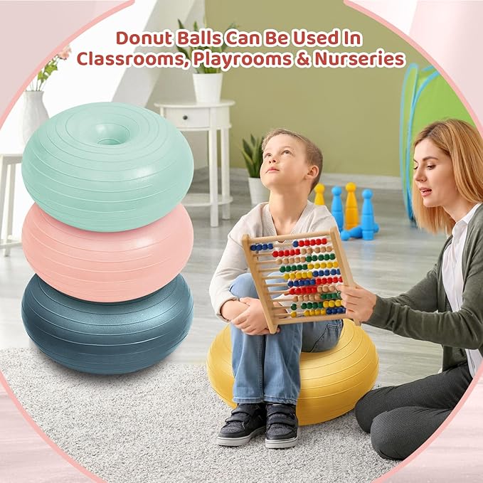 Lewtemi 4 Pcs Flexible Seating for Classroom Elementary 20 Inch Yoga Ball Chair Inflatable Donut Ball Chair with Inflator for Kids Student Sensory Balance Office Exercise