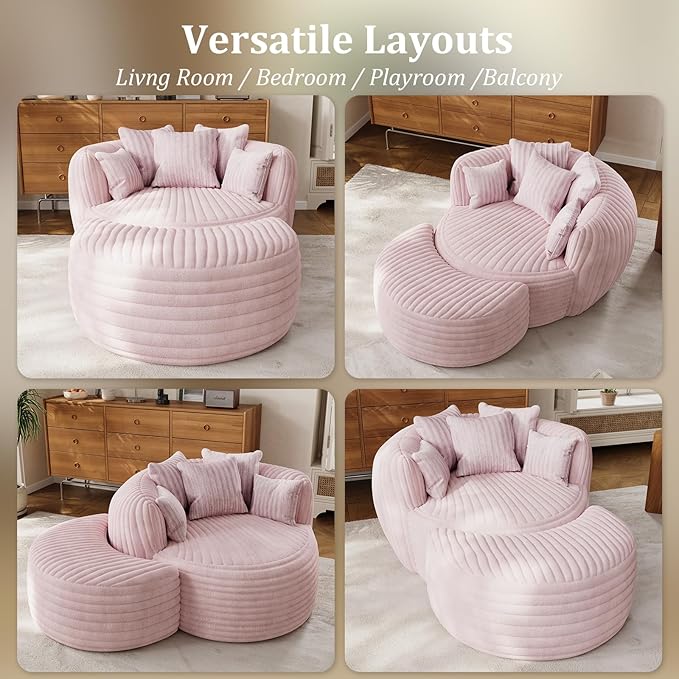 50" W Oversized Round Chaise Lounge Chair with Ottoman Indoor Boneless Plush Fluffy Corduroy Circle Couch Soft Comfy Cozy Cloud Reading Chair for Living Room, Playroom, Bedroom - Pink