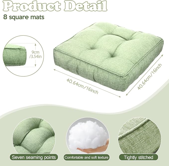 Fumete 8 Pcs Square Floor Pillows for Kids and Adult 16''x16'' Flexible Seating Floor Cushion for Classroom Multicolor Meditation Cushions for Home Daycare Preschool Yoga Meditation (Green)