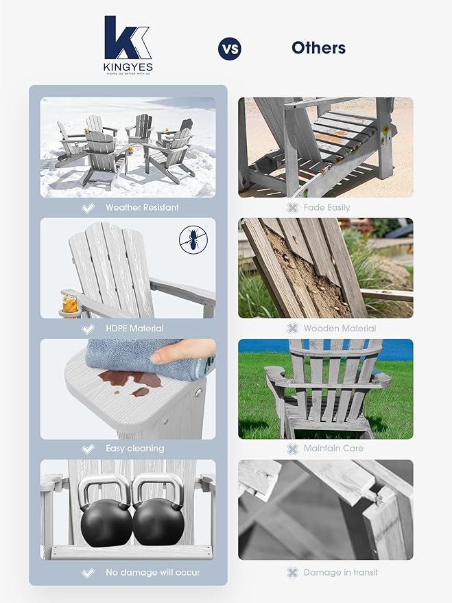 KINGYES Folding Adirondack Chair Set of 8, HDPE All-Weather Patio Chairs with Cup Holder, Wooden Textured Fire Pit Chairs for Poolside, Backyard, Deck, Silver Grey