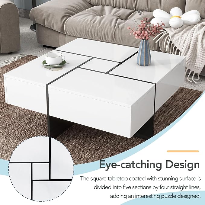 HanStrong 31.5" Square Coffee Table with 4 Hidden Storage Compartments,Cocktail Table with Extendable Sliding Tabletop,UV High-Gloss Design Center Table for Living Room,White