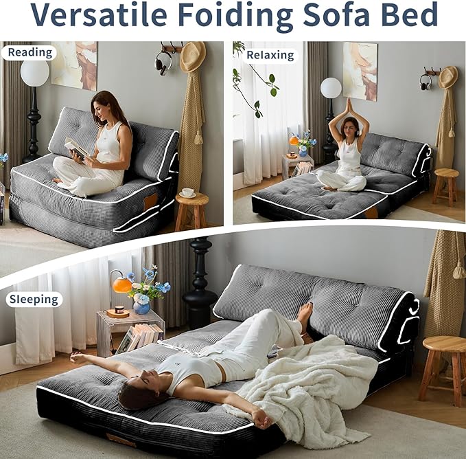 Fareforth Convertible Folding Sofa Bed, Sleeper Couch with Pillows Foldable Floor Chair with Back Support, Lounge Sofa for Living Room, Double, Grey