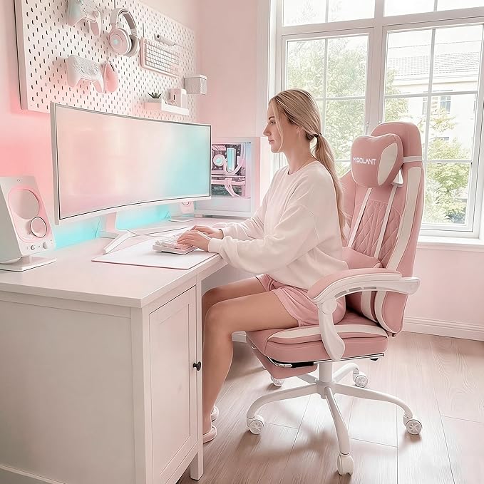 Misolant Gaming Chair, Fabric Gamer Chair with footrest for Adults, High Back Ergonomic Computer Game Chair with Adjustable Headrest and Massage Lumbar Support, 90-155° Recline Free, Pink
