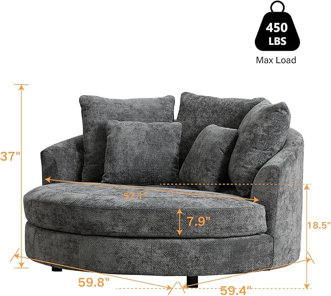 Chifee & Vingol 59.8" W Oversized Accent Barrel Chair Large Round Chair with Wheels,Grey
