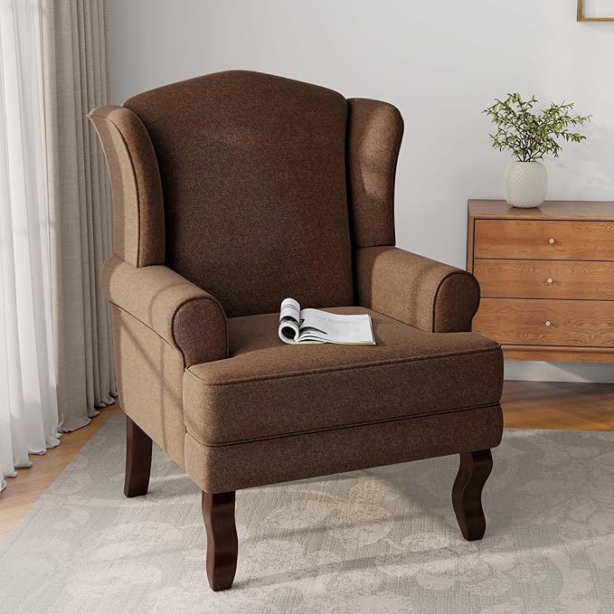 DREAMSIDEA Accent Chair, High Back Upholstered Armchair with High Resilience Sponge & Wood Legs, Mid-Century Modern Comfy Single Sofa Reading Chairs for Living Room, Bedroom - Brown, Set of 1