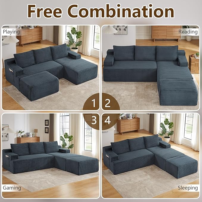96" U-Shape Cloud Couch, Modern Modular Sectional L-Shape Sofa with Ottoman, Corduroy Upholstered Couches Deep Seat Sleeper Chaise Longue for Living Room, No Assembly Required(Dark Gray, Right Facing)