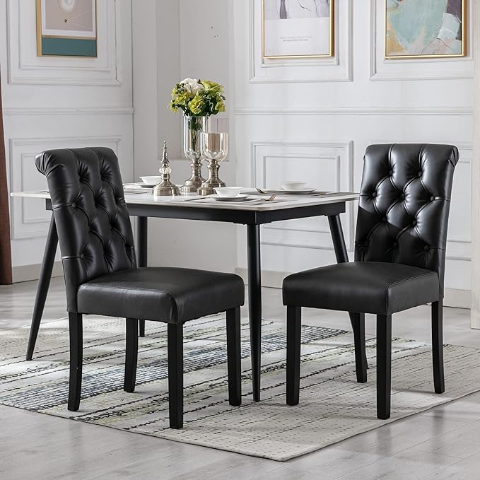 chairus Dining Chairs Set of 6 Mid Century Modern Living Room Chairs with Button Tufted High Back PU Leather Armless Chair Comfy Upholstered Side Chairs for Kitchen/Restaurant/Bedroom, Black